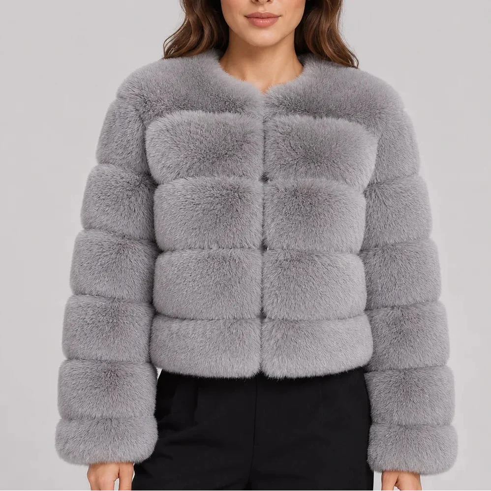 Lark – Women's Cropped Faux Fur-Look Jacket with Round Neck