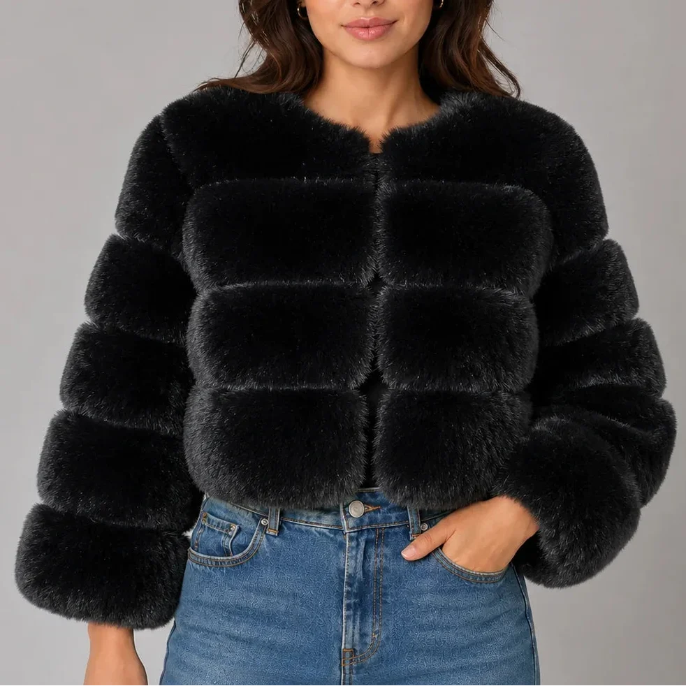 Lark – Women's Cropped Faux Fur-Look Jacket with Round Neck