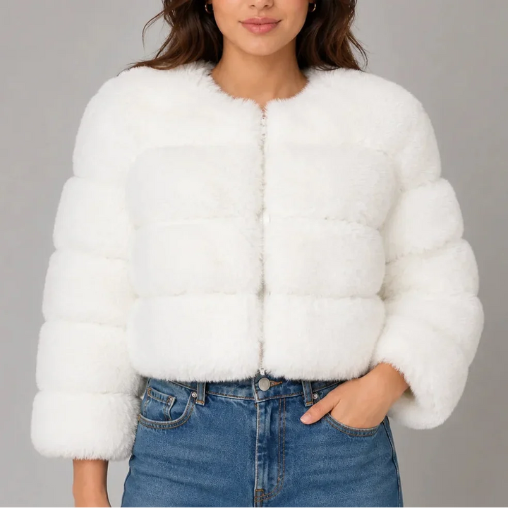Lark – Women's Cropped Faux Fur-Look Jacket with Round Neck