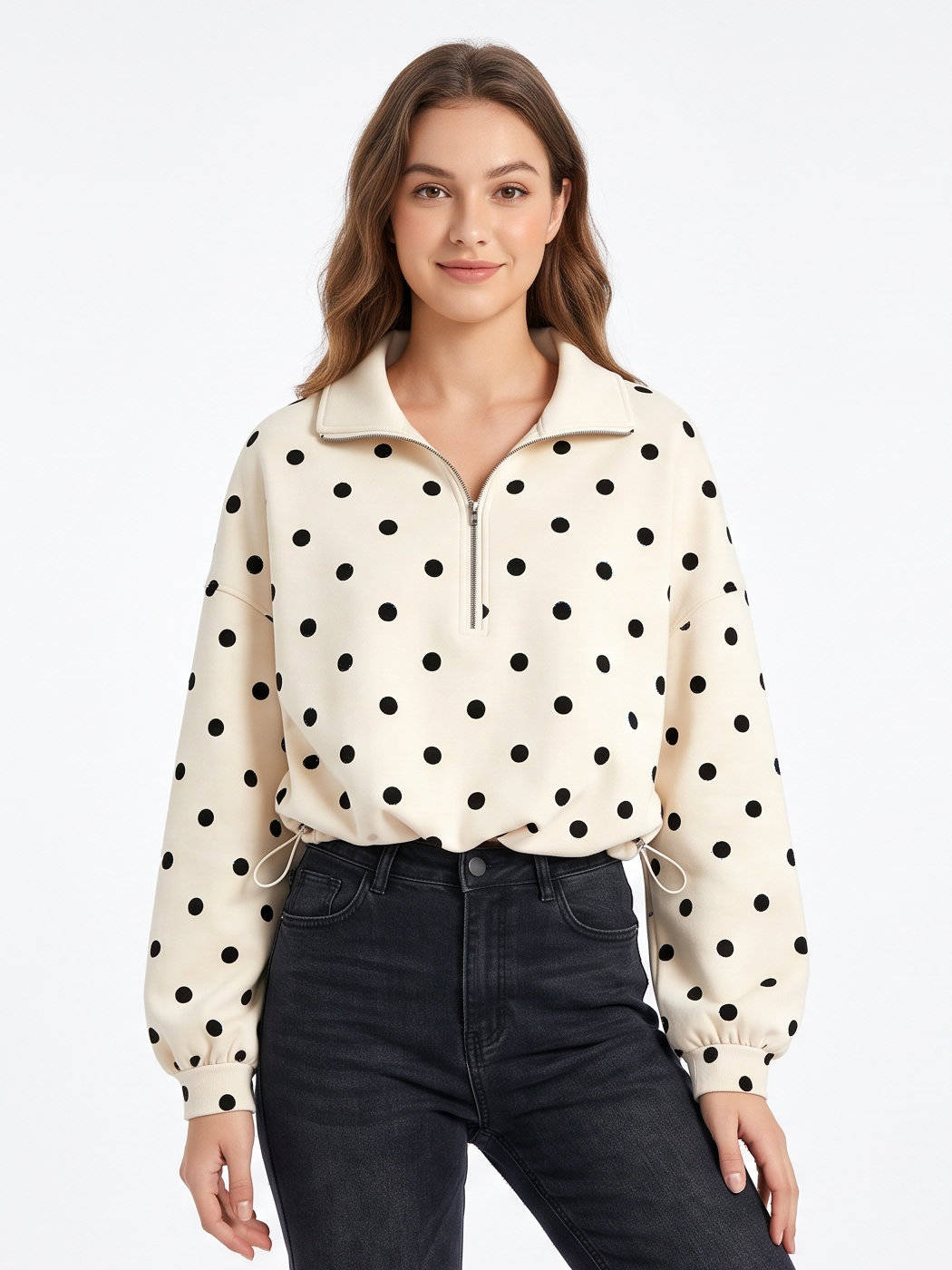 Laurie – Women's Polka Dot Cropped Half-Zip Sweatshirt