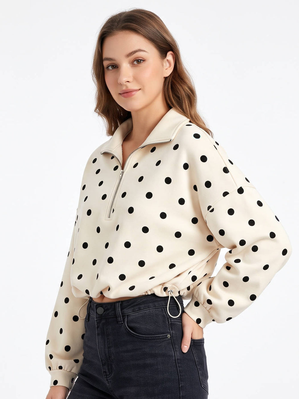 Laurie – Women's Polka Dot Cropped Half-Zip Sweatshirt