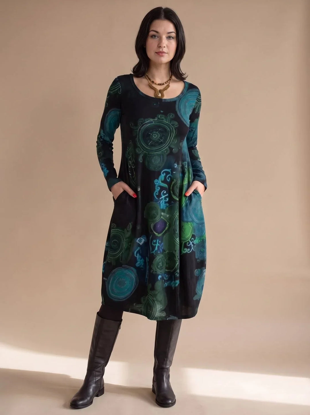 Lindy – Women's Printed Long Sleeve Midi Dress with Pockets