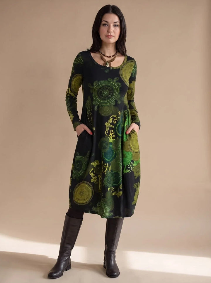 Lindy – Women's Printed Long Sleeve Midi Dress with Pockets