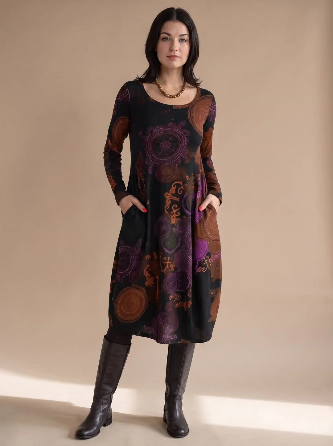 Lindy – Women's Printed Long Sleeve Midi Dress with Pockets