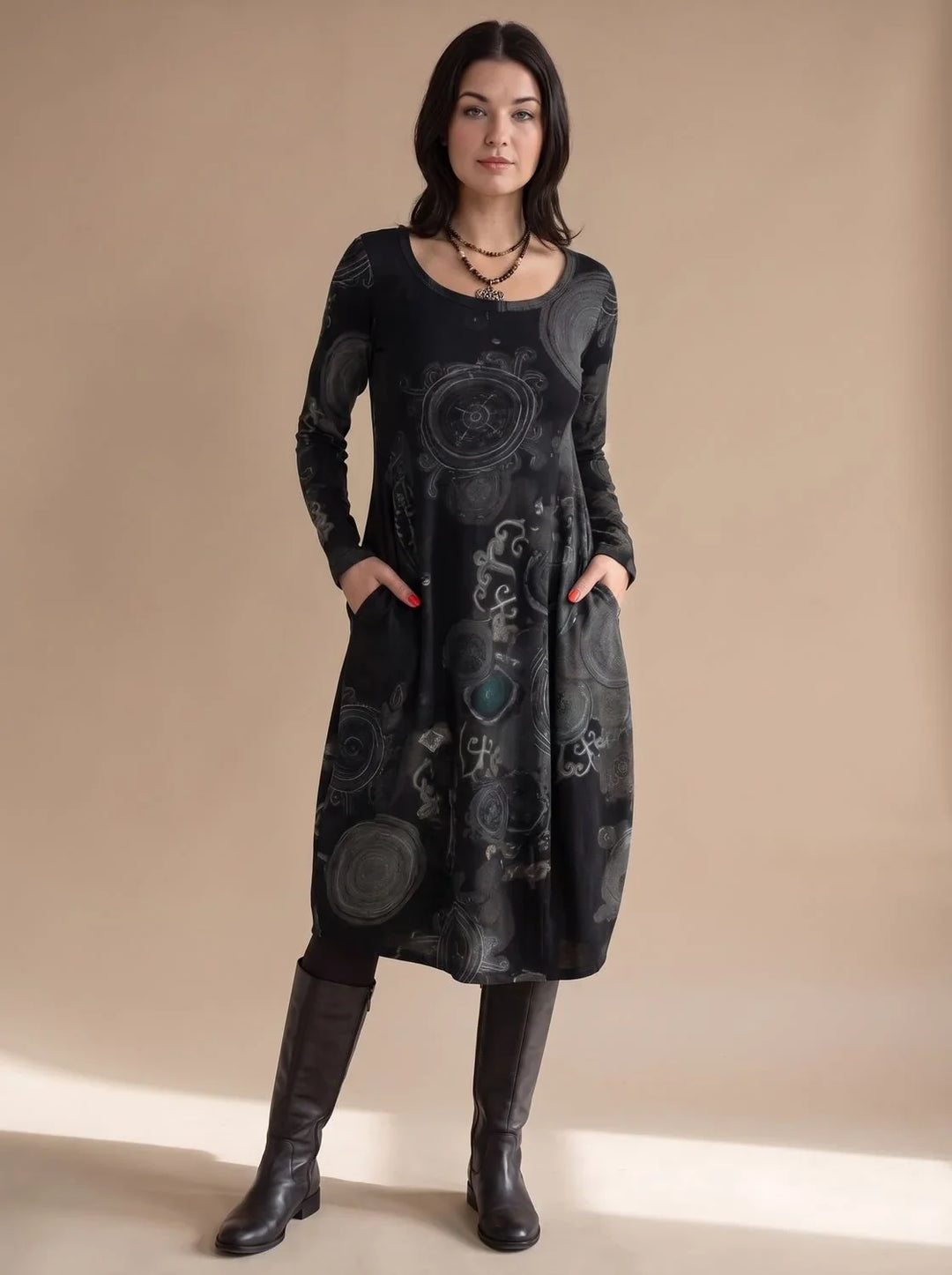 Lindy – Women's Printed Long Sleeve Midi Dress with Pockets