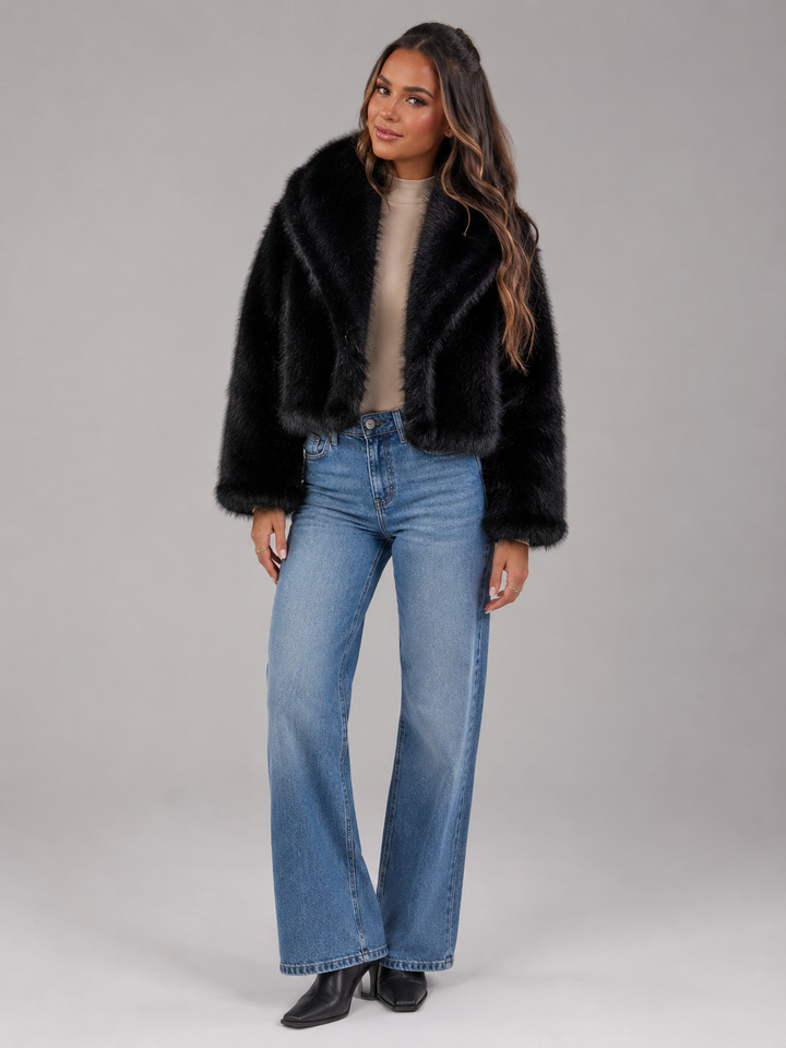 Linnea – Women's Shawl Collar Cropped Faux Fur-Look Jacket