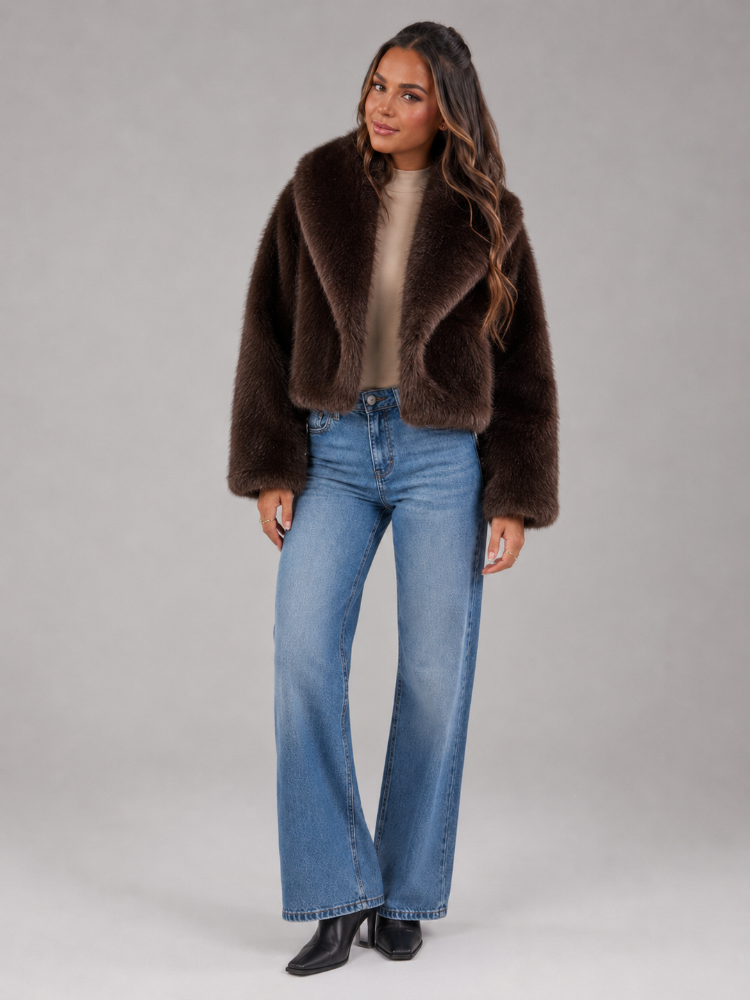 Linnea – Women's Shawl Collar Cropped Faux Fur-Look Jacket