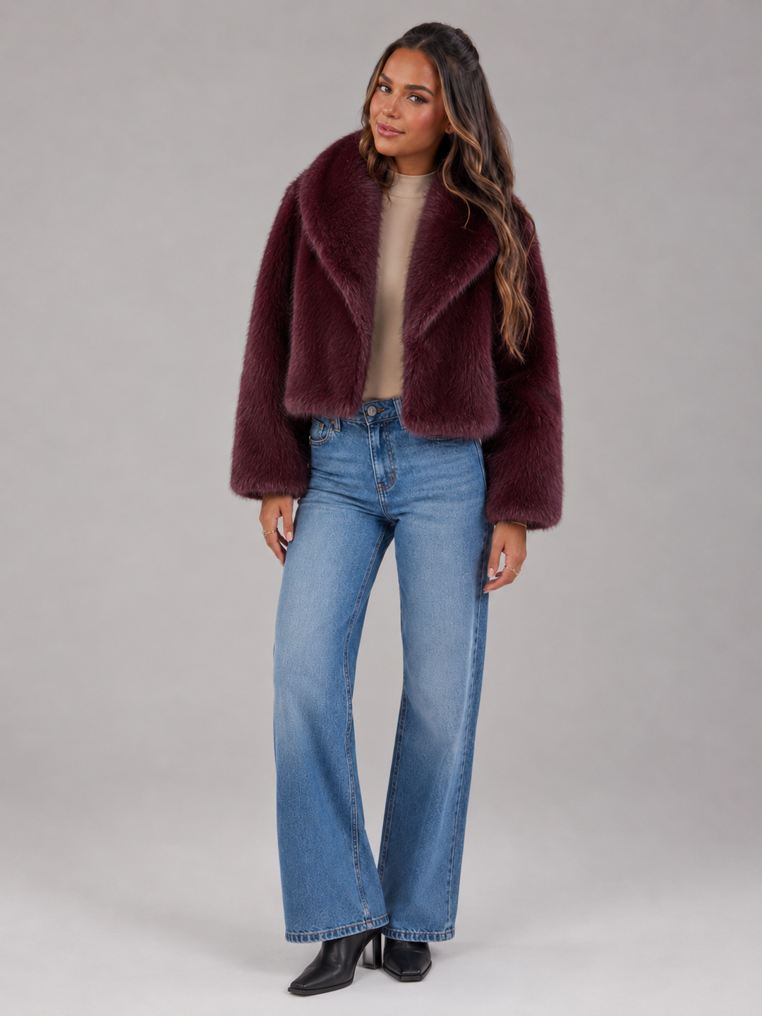 Linnea – Women's Shawl Collar Cropped Faux Fur-Look Jacket