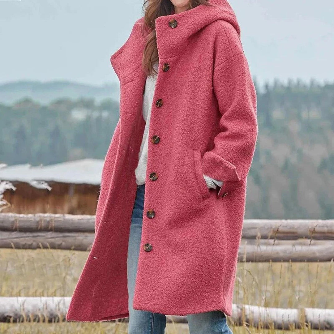 Jolanda – Button-Front Wool-Look Hooded Coat for Women