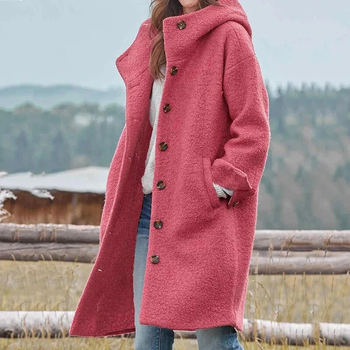 Jolanda – Button-Front Wool-Look Hooded Coat for Women