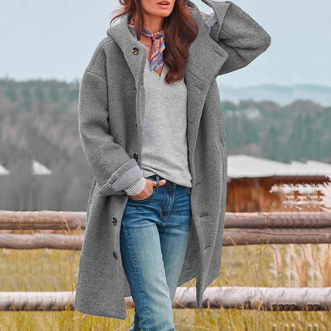 Jolanda – Button-Front Wool-Look Hooded Coat for Women