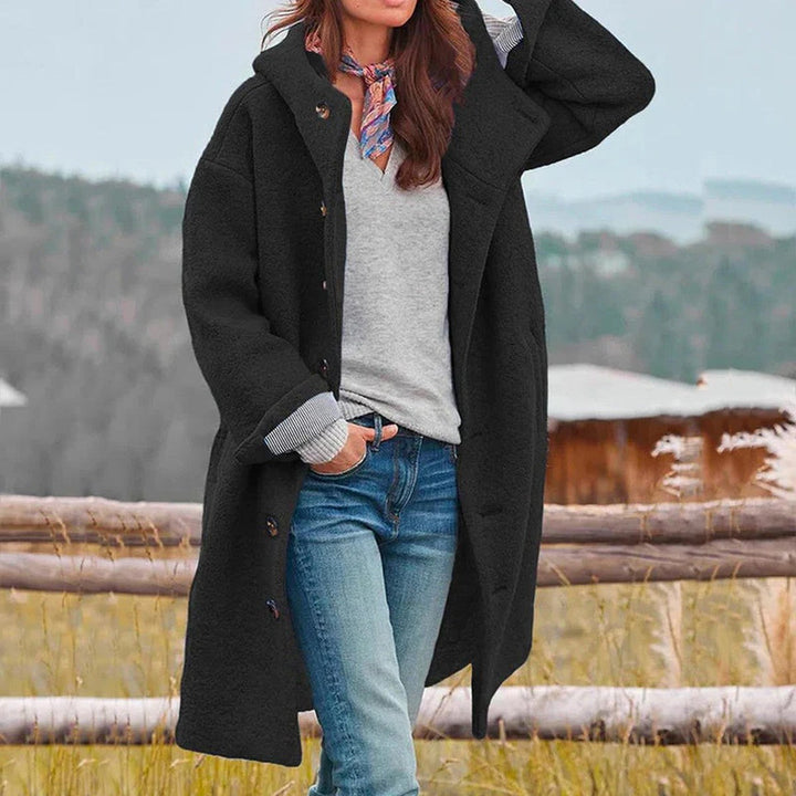 Jolanda – Button-Front Wool-Look Hooded Coat for Women