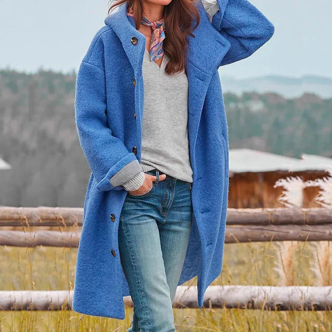 Jolanda – Button-Front Wool-Look Hooded Coat for Women
