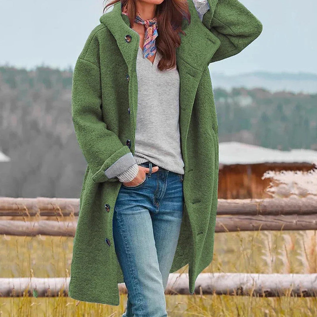 Jolanda – Button-Front Wool-Look Hooded Coat for Women