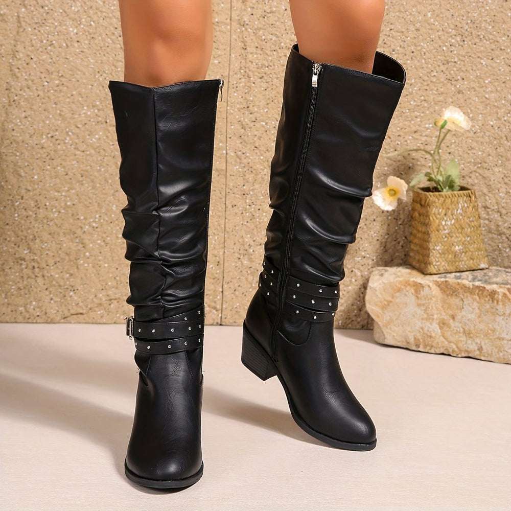 Slouchy Knee High Boots with Buckle Strap for Women - View 2