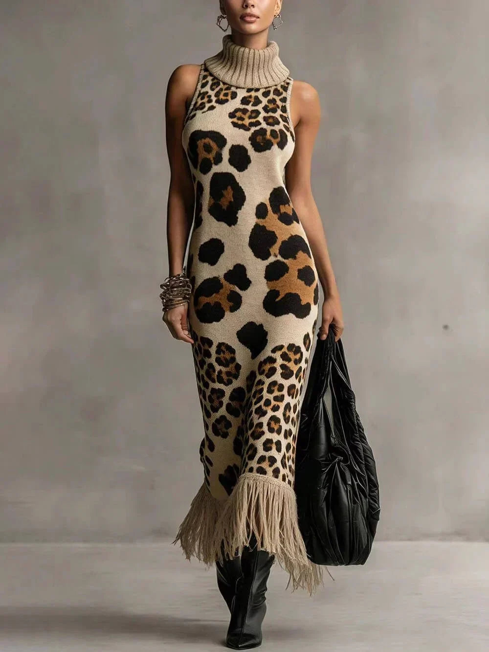 London – Women's Leopard Print Sleeveless Midi Sweater Dress