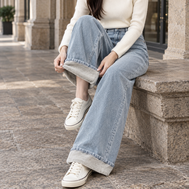 Macy – Women's High Waisted Wide Leg Sherpa-Lined Jeans
