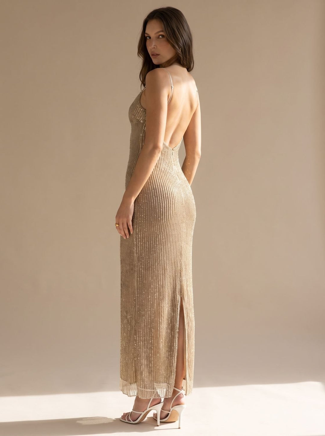 Marianne – Women's Spaghetti Strap Sparkly Maxi Dress with Back Slit