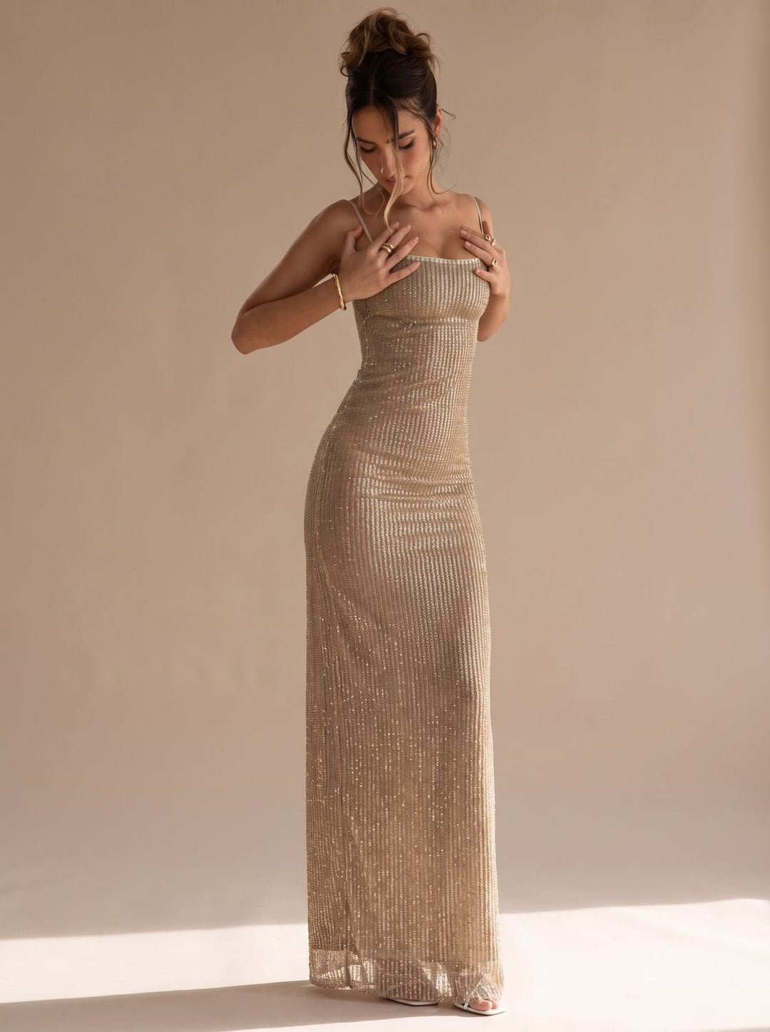 Marianne – Women's Spaghetti Strap Sparkly Maxi Dress with Back Slit