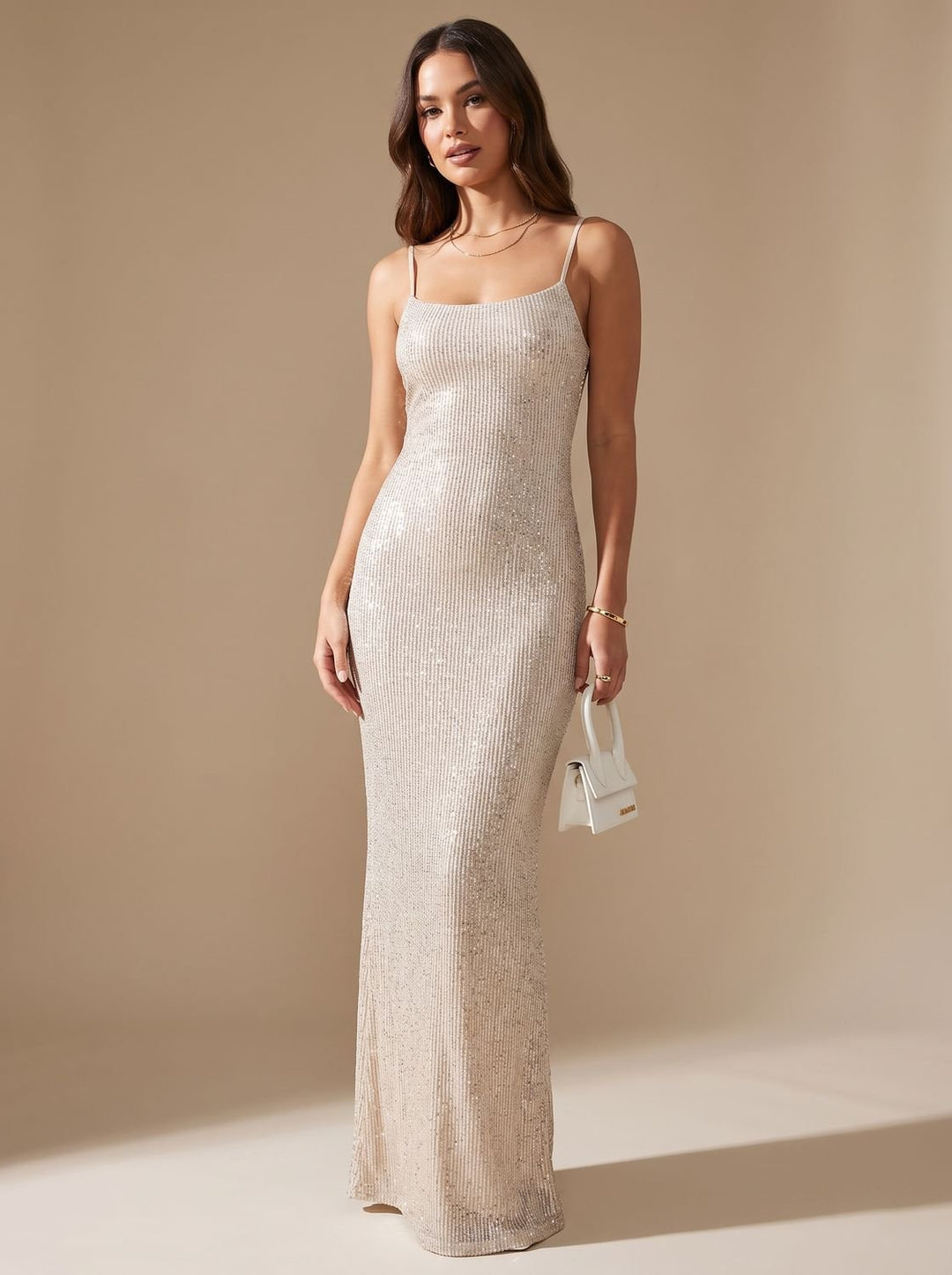 Marianne – Women's Spaghetti Strap Sparkly Maxi Dress with Back Slit