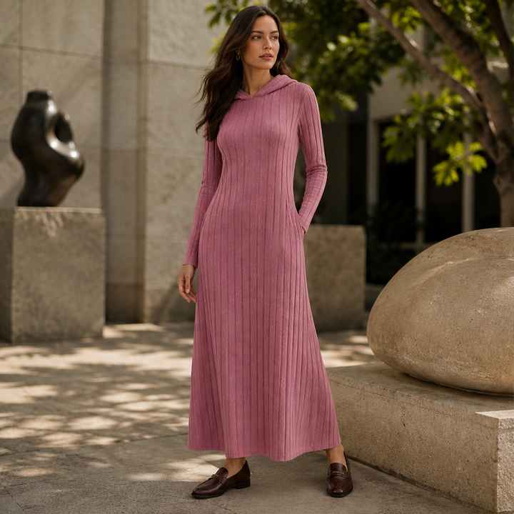 Marlee – Women's Hooded Ribbed Maxi Sweater Dress with Pockets
