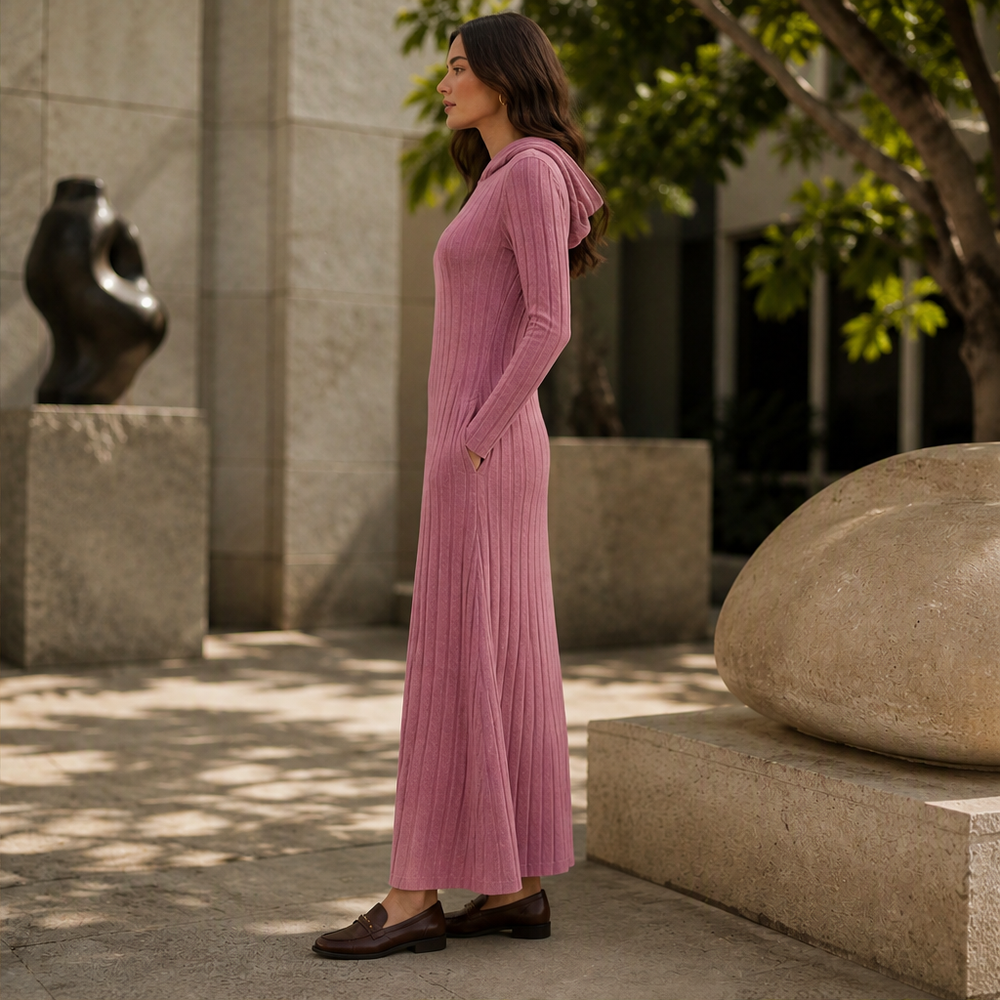 Marlee – Women's Hooded Ribbed Maxi Sweater Dress with Pockets