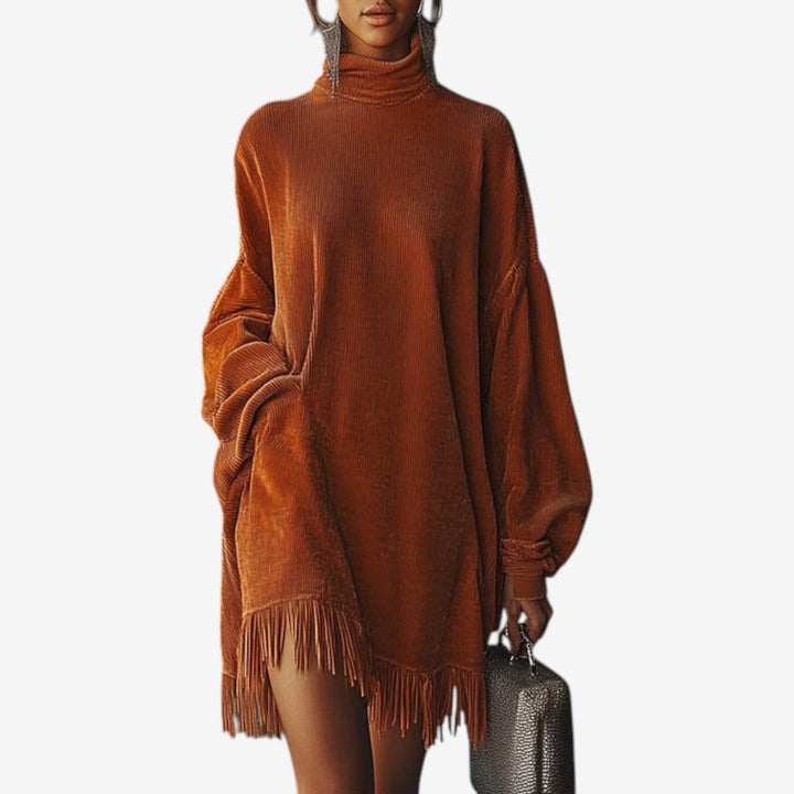 Ribbed Knit Turtleneck Dress with Fringe Hem for Women
