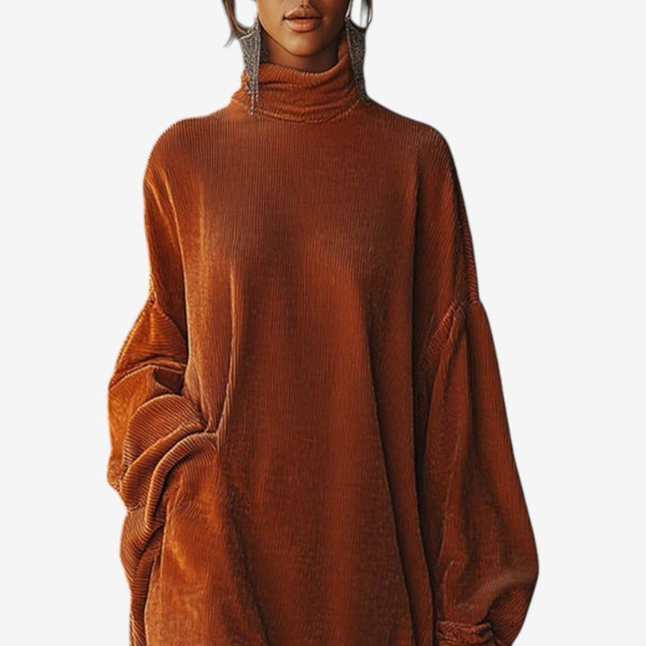 Ribbed Knit Turtleneck Dress with Fringe Hem for Women - View 2