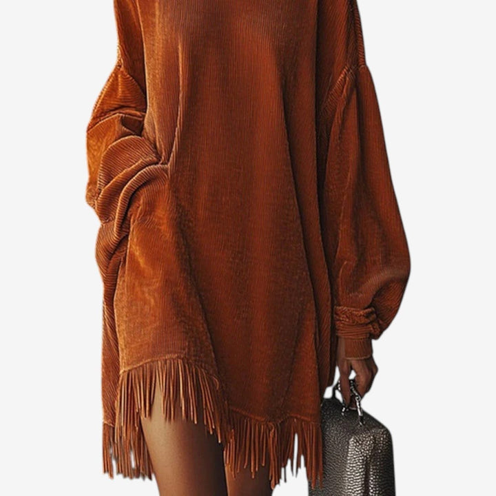 Ribbed Knit Turtleneck Dress with Fringe Hem for Women - View 3
