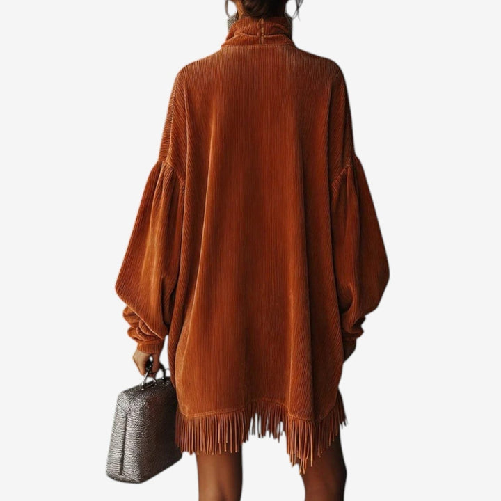 Ribbed Knit Turtleneck Dress with Fringe Hem for Women - View 4