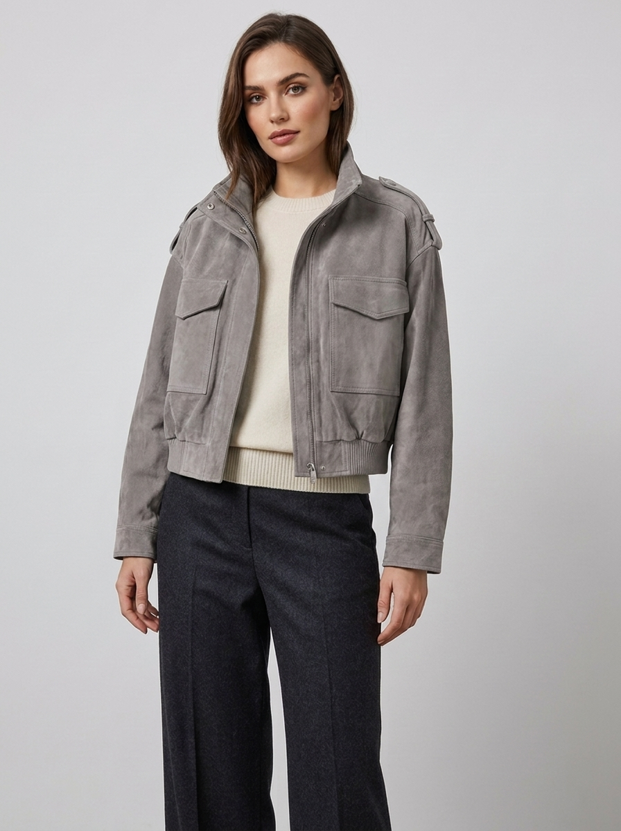 Mirabelle – Women's Suede-Look Bomber Jacket with Flap Pockets