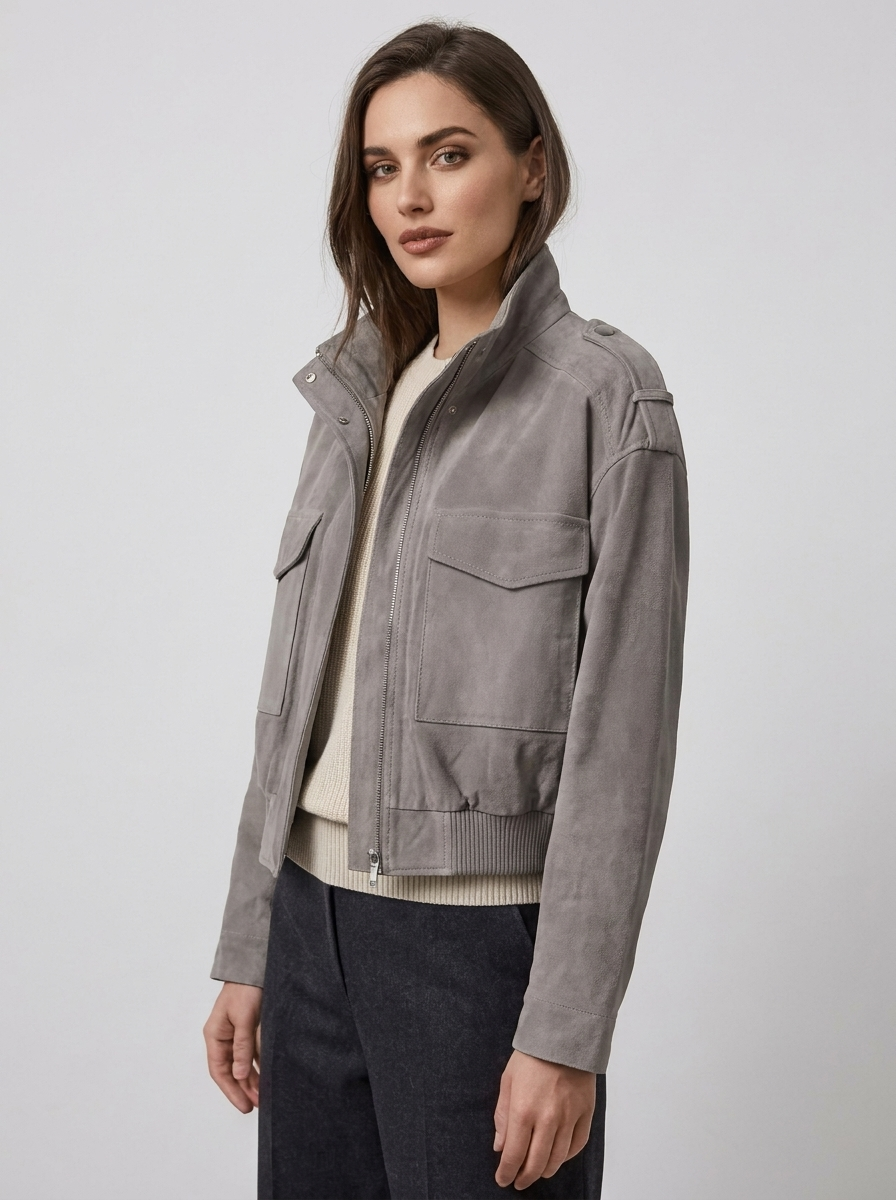 Mirabelle – Women's Suede-Look Bomber Jacket with Flap Pockets