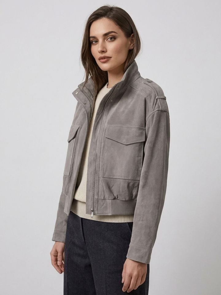 Mirabelle – Women's Suede-Look Bomber Jacket with Flap Pockets