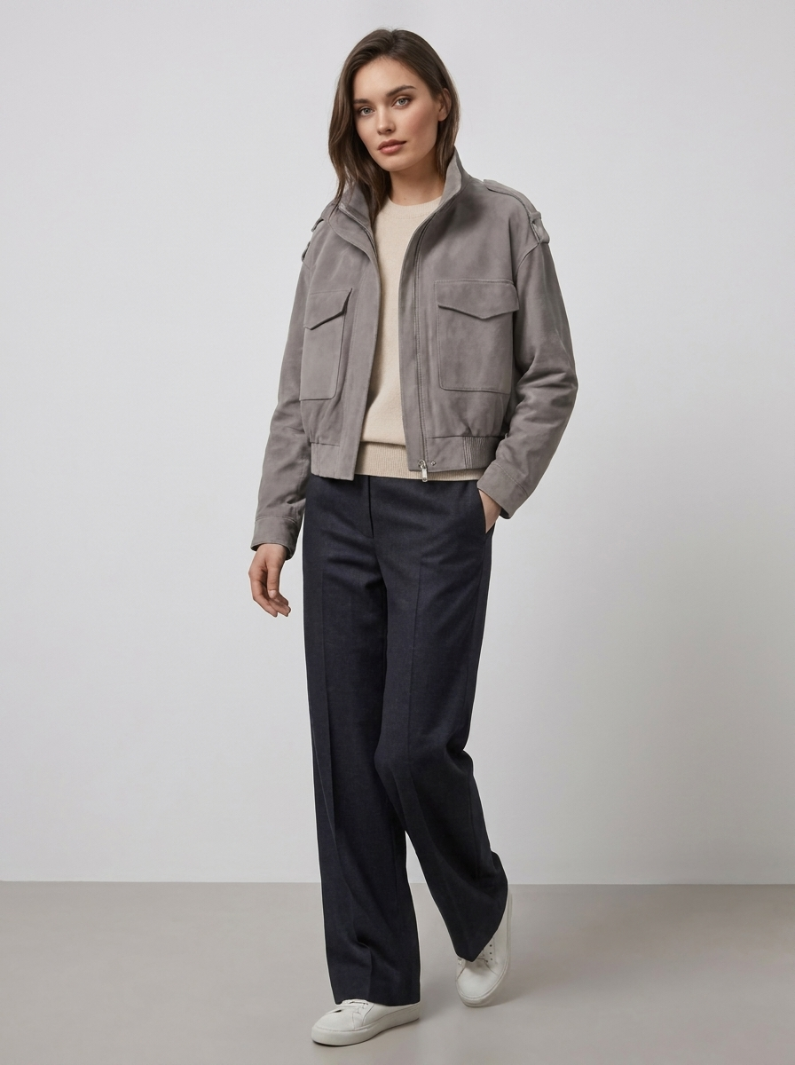 Mirabelle – Women's Suede-Look Bomber Jacket with Flap Pockets
