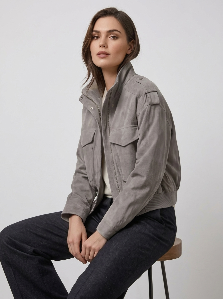 Mirabelle – Women's Suede-Look Bomber Jacket with Flap Pockets