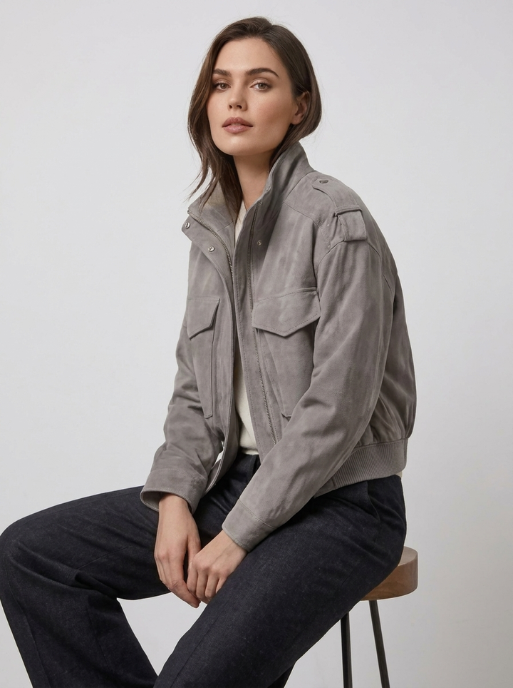 Mirabelle – Women's Suede-Look Bomber Jacket with Flap Pockets