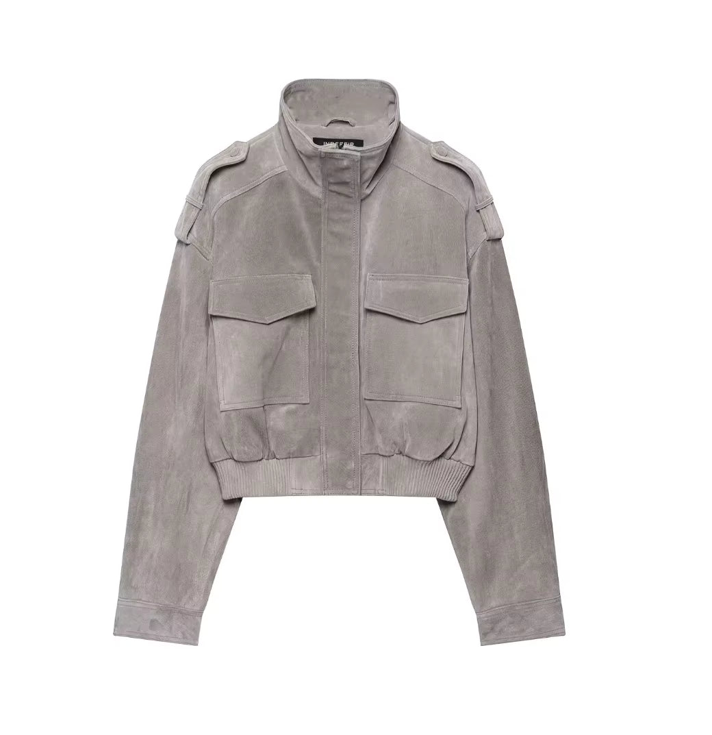 Mirabelle – Women's Suede-Look Bomber Jacket with Flap Pockets