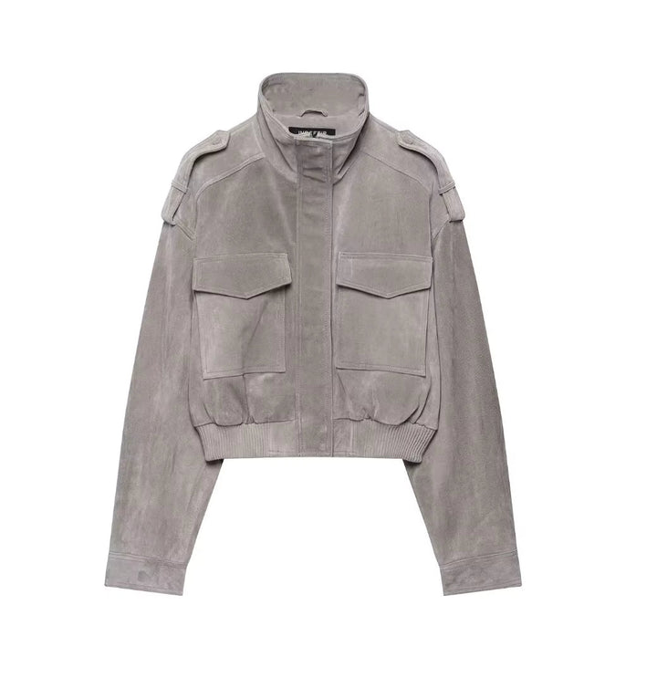 Mirabelle – Women's Suede-Look Bomber Jacket with Flap Pockets
