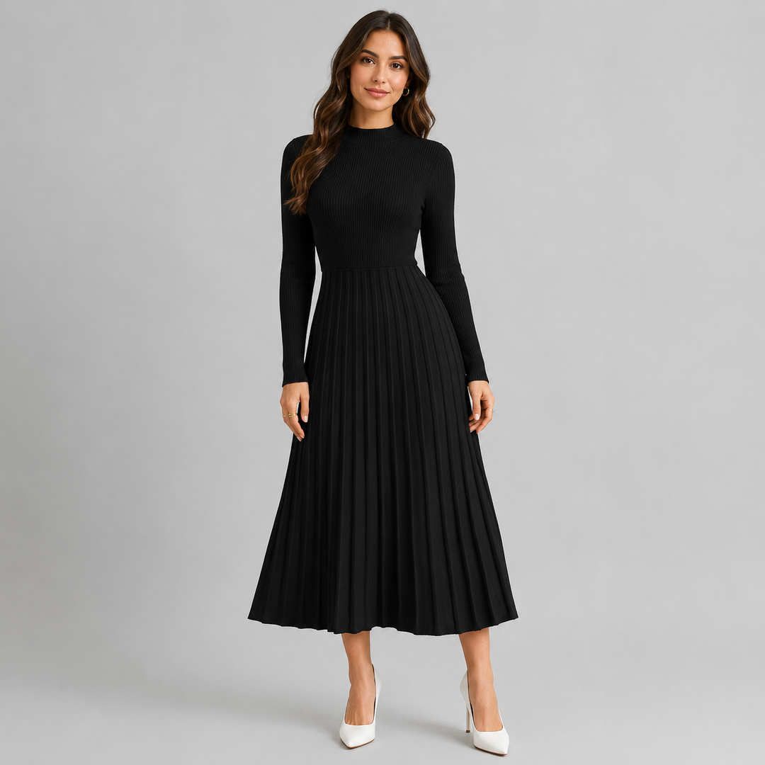 Monique – Women's Ribbed Long Sleeve Midi Dress with Pleated Skirt