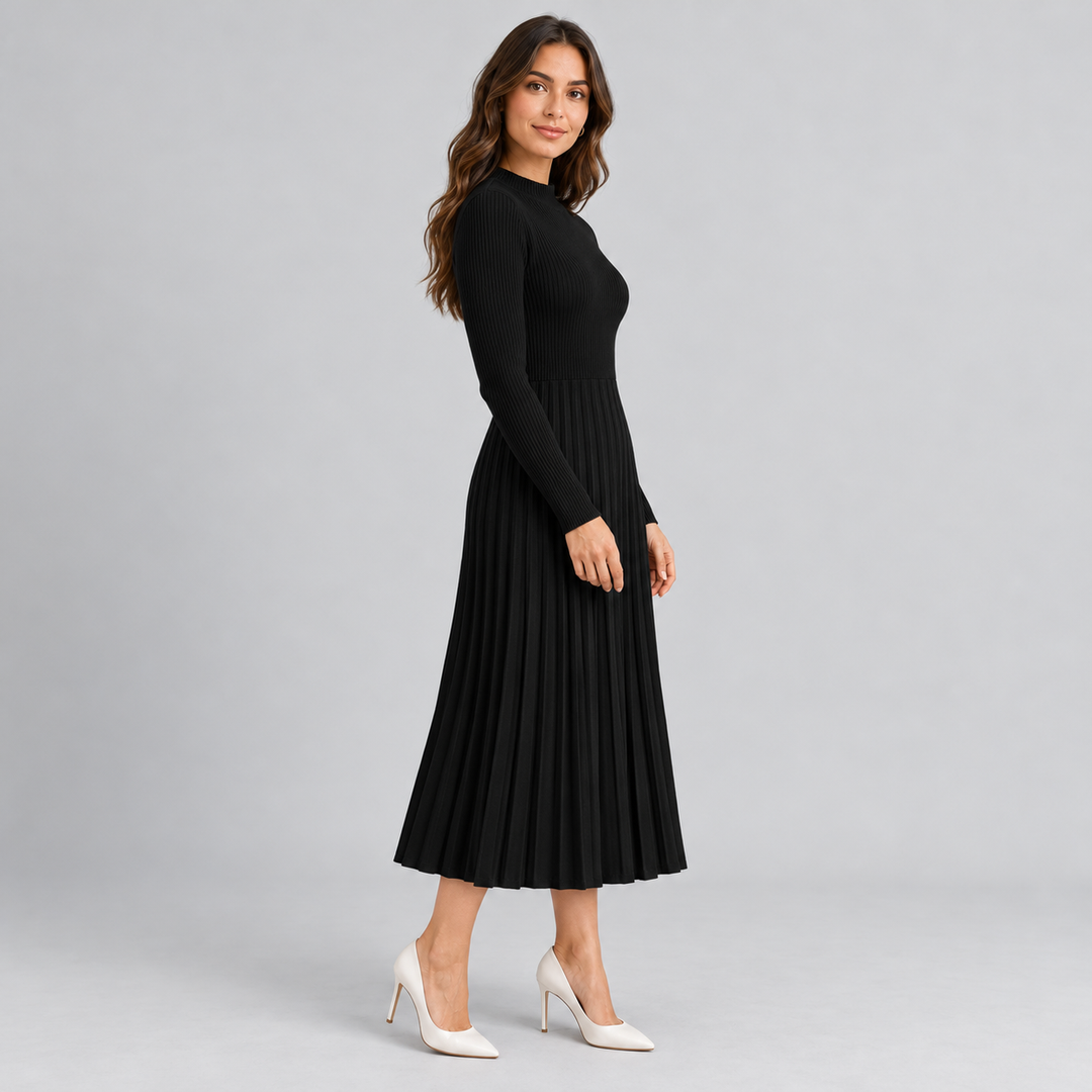 Monique – Women's Ribbed Long Sleeve Midi Dress with Pleated Skirt