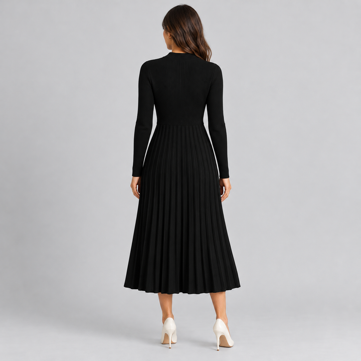 Monique – Women's Ribbed Long Sleeve Midi Dress with Pleated Skirt