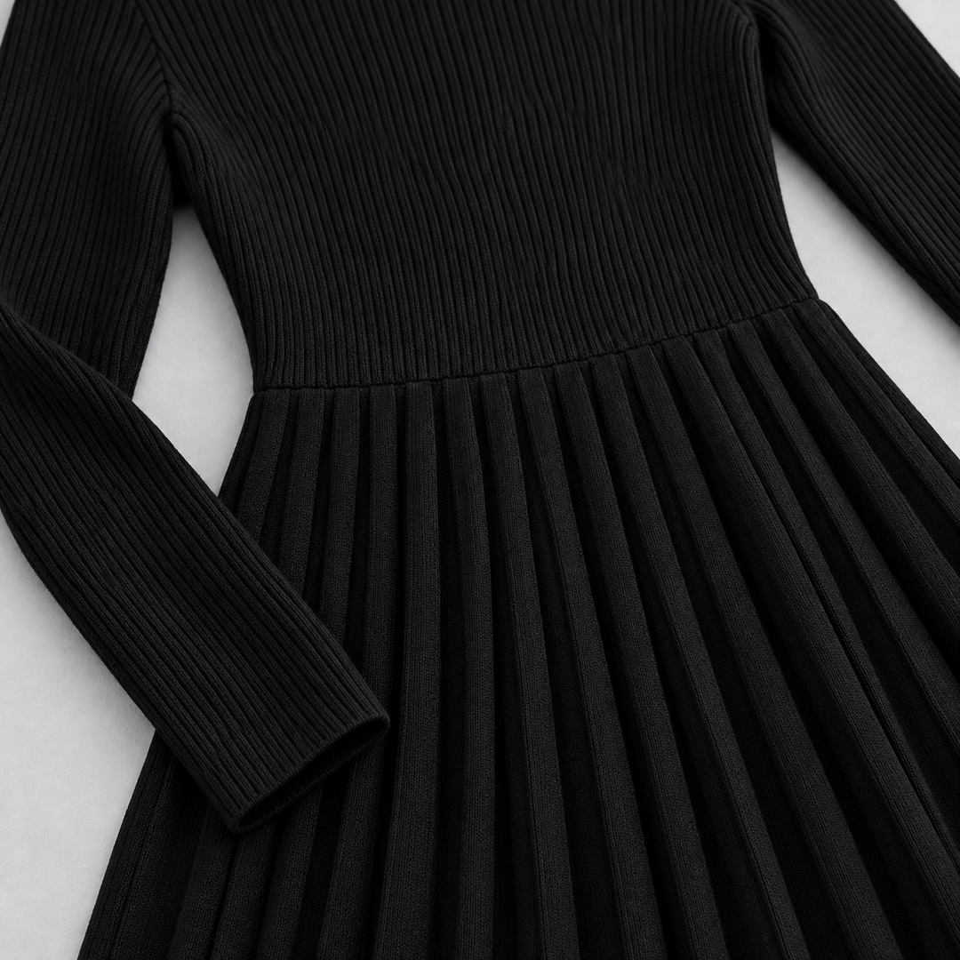 Monique – Women's Ribbed Long Sleeve Midi Dress with Pleated Skirt