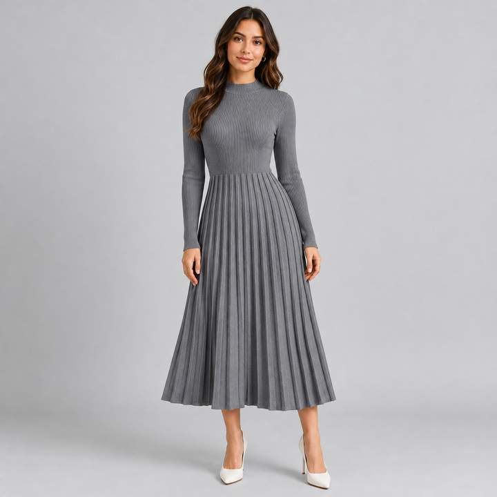 Monique – Women's Ribbed Long Sleeve Midi Dress with Pleated Skirt