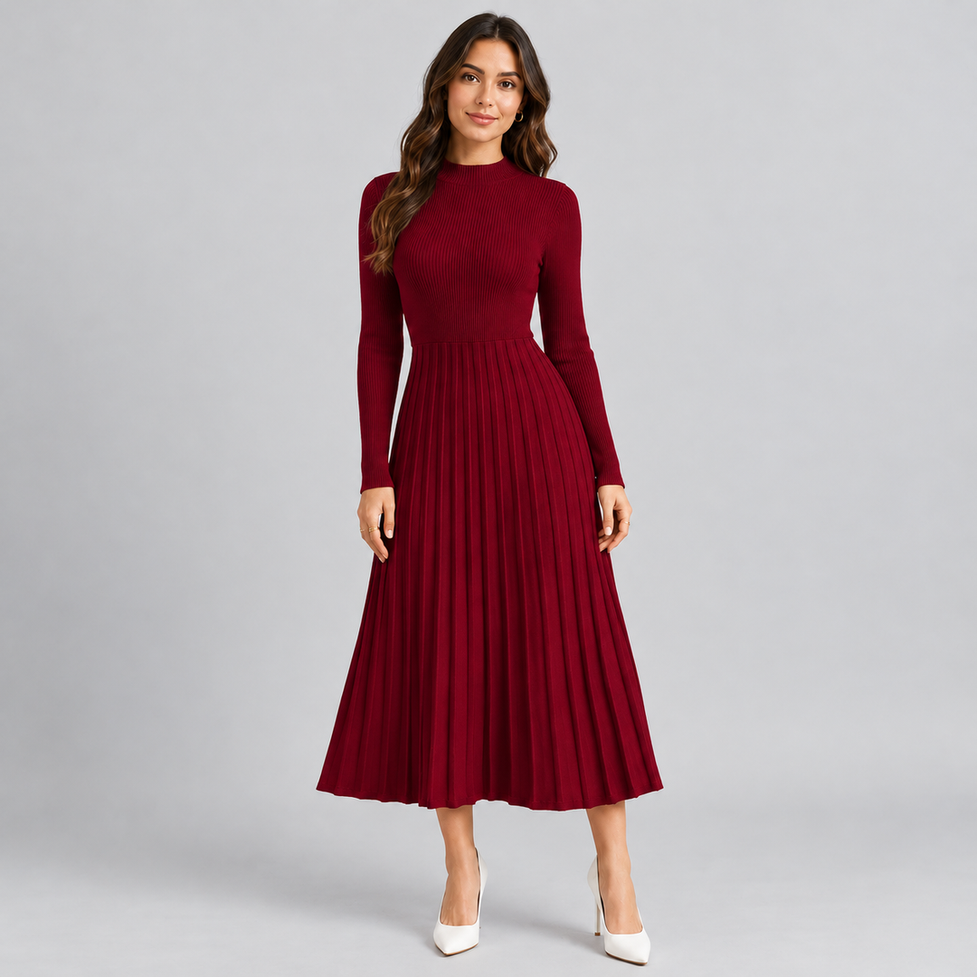 Monique – Women's Ribbed Long Sleeve Midi Dress with Pleated Skirt
