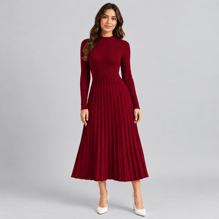 Monique – Women's Ribbed Long Sleeve Midi Dress with Pleated Skirt