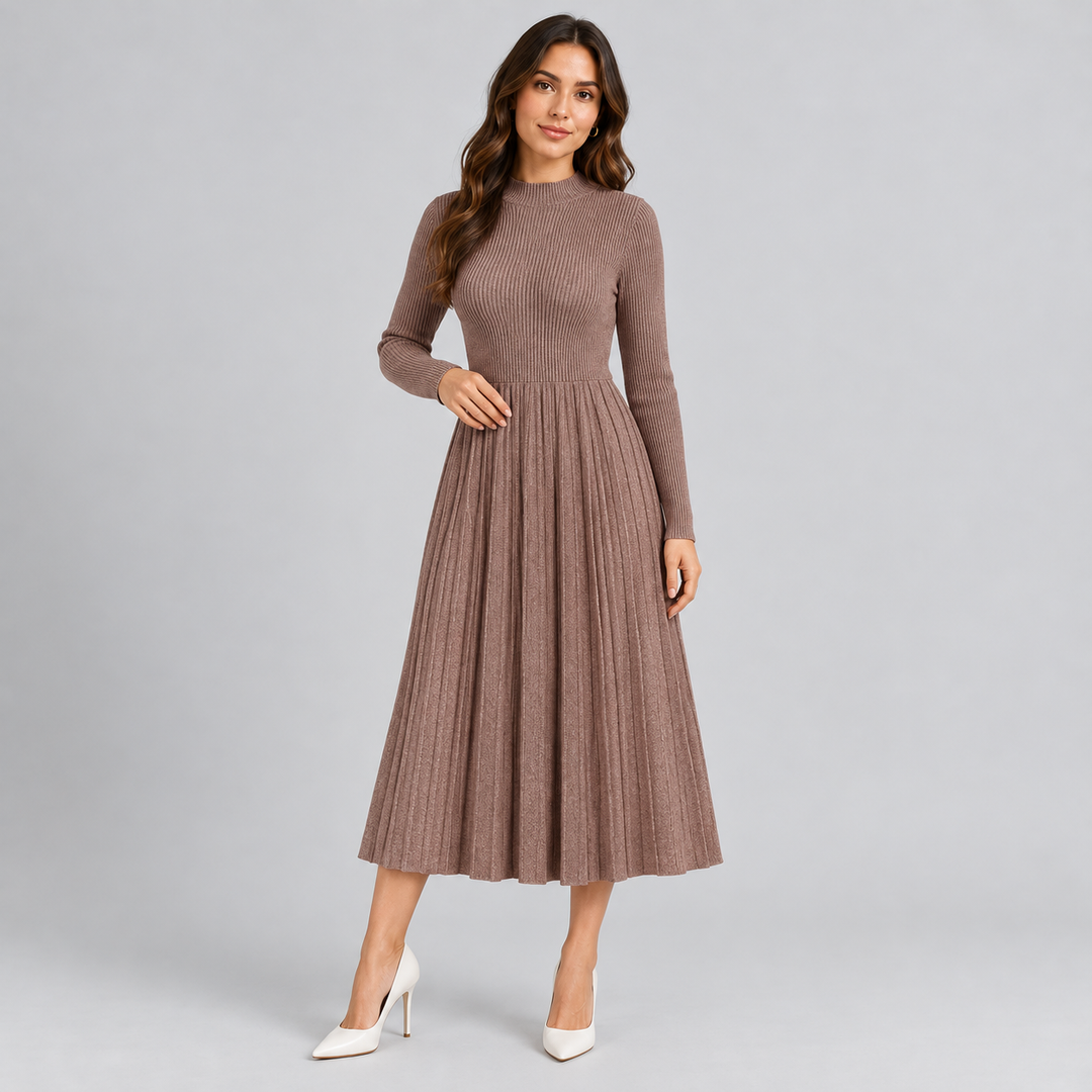 Monique – Women's Ribbed Long Sleeve Midi Dress with Pleated Skirt