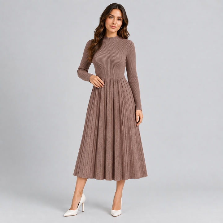 Monique – Women's Ribbed Long Sleeve Midi Dress with Pleated Skirt