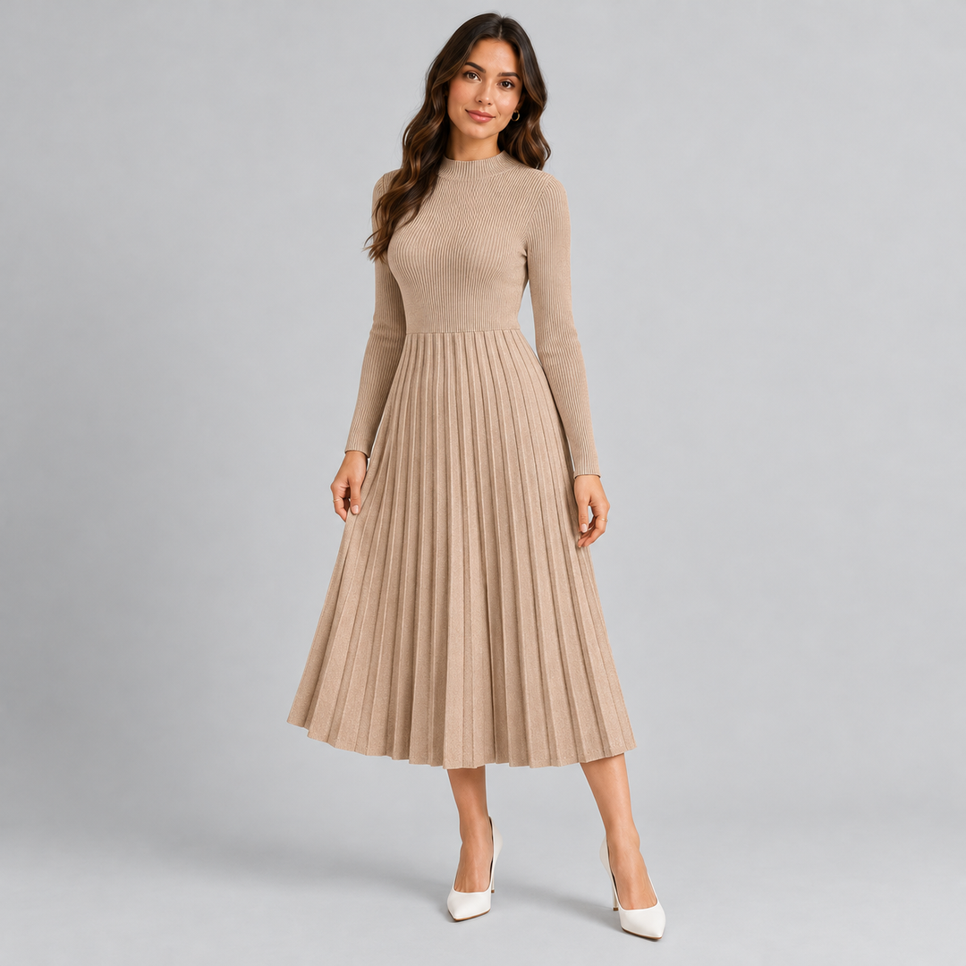Monique – Women's Ribbed Long Sleeve Midi Dress with Pleated Skirt