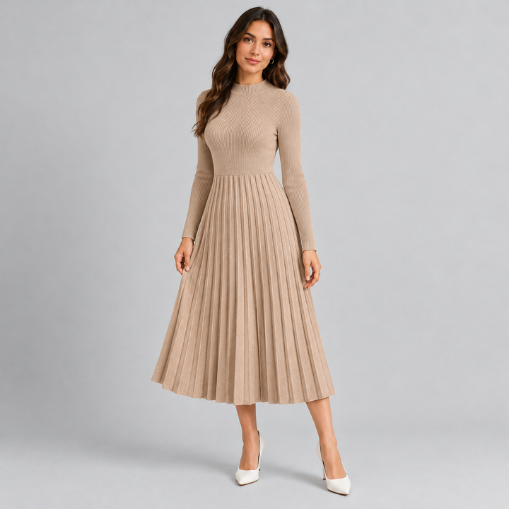 Monique – Women's Ribbed Long Sleeve Midi Dress with Pleated Skirt