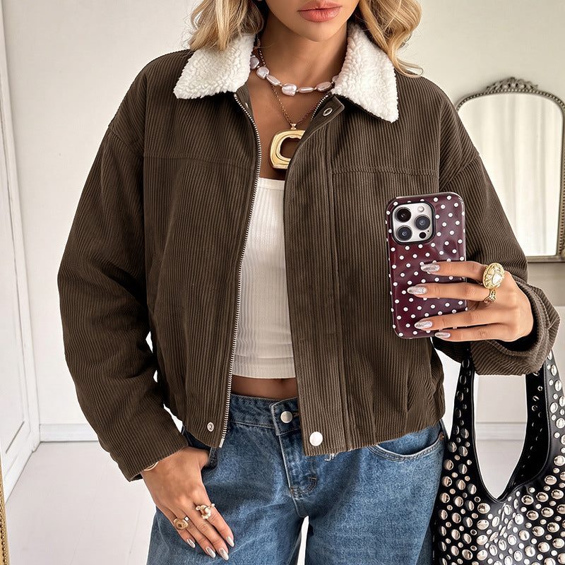 Noemi – Women's Cropped Corduroy-Look Jacket with Sherpa Collar